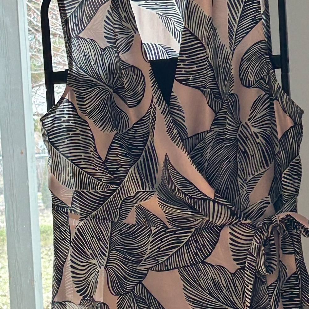 Melanie Lyne Sleeveless Pink Floral Wrap Dress with Black Leaf Print